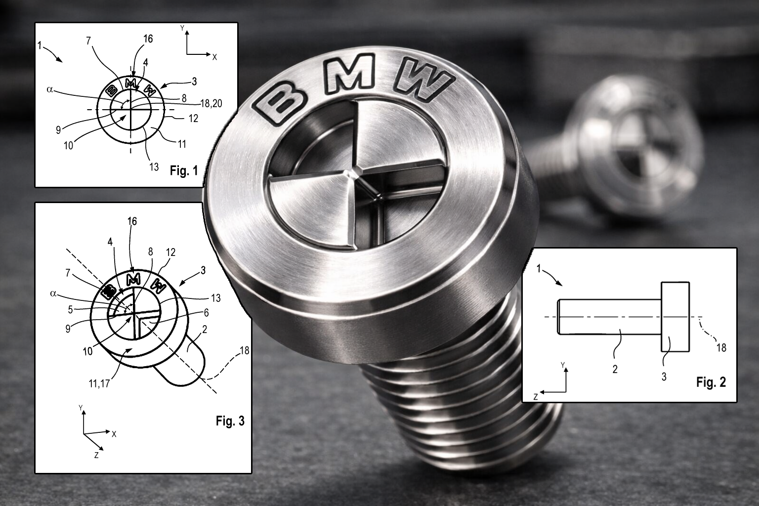 Patentovaná skrutka BMW s vnútorným profilom v tvare loga a vloženými patentovými výkresmi zobrazujúcimi konštrukciu hlavy skrutky.