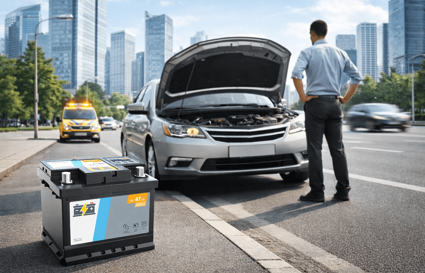 Osobné auto s otvorenou kapotou stojace pri ceste v meste, vodič čaká na pomoc a v popredí je 12 V autobatéria ako príčina poruchy.