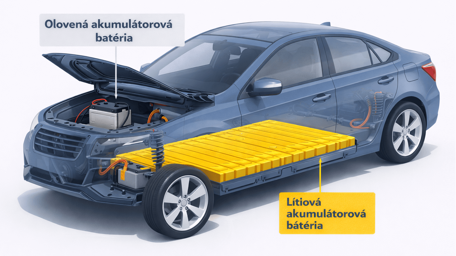 Schéma elektromobilu znázorňujúca umiestnenie lítiovej akumulátorovej batérie pod podlahou vozidla a olovenej akumulátorovej batérie v motorovom priestore