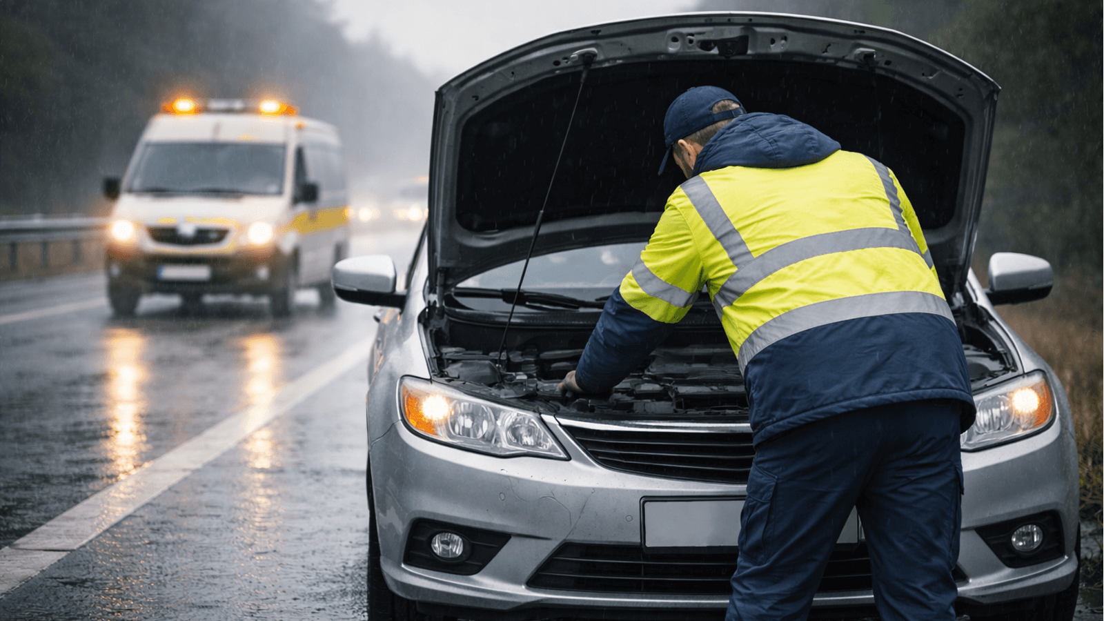 Technik cestnej asistencie v reflexnom oblečení kontroluje motor auta s otvorenou kapotou na krajnici diaľnice v daždivom počasí, v pozadí stojí asistenčná dodávka.