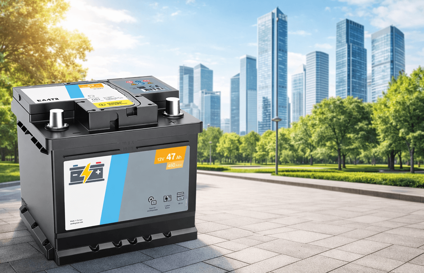 12 V autobatéria umiestnená v modernom mestskom prostredí s parkom, stromami a výškovými budovami