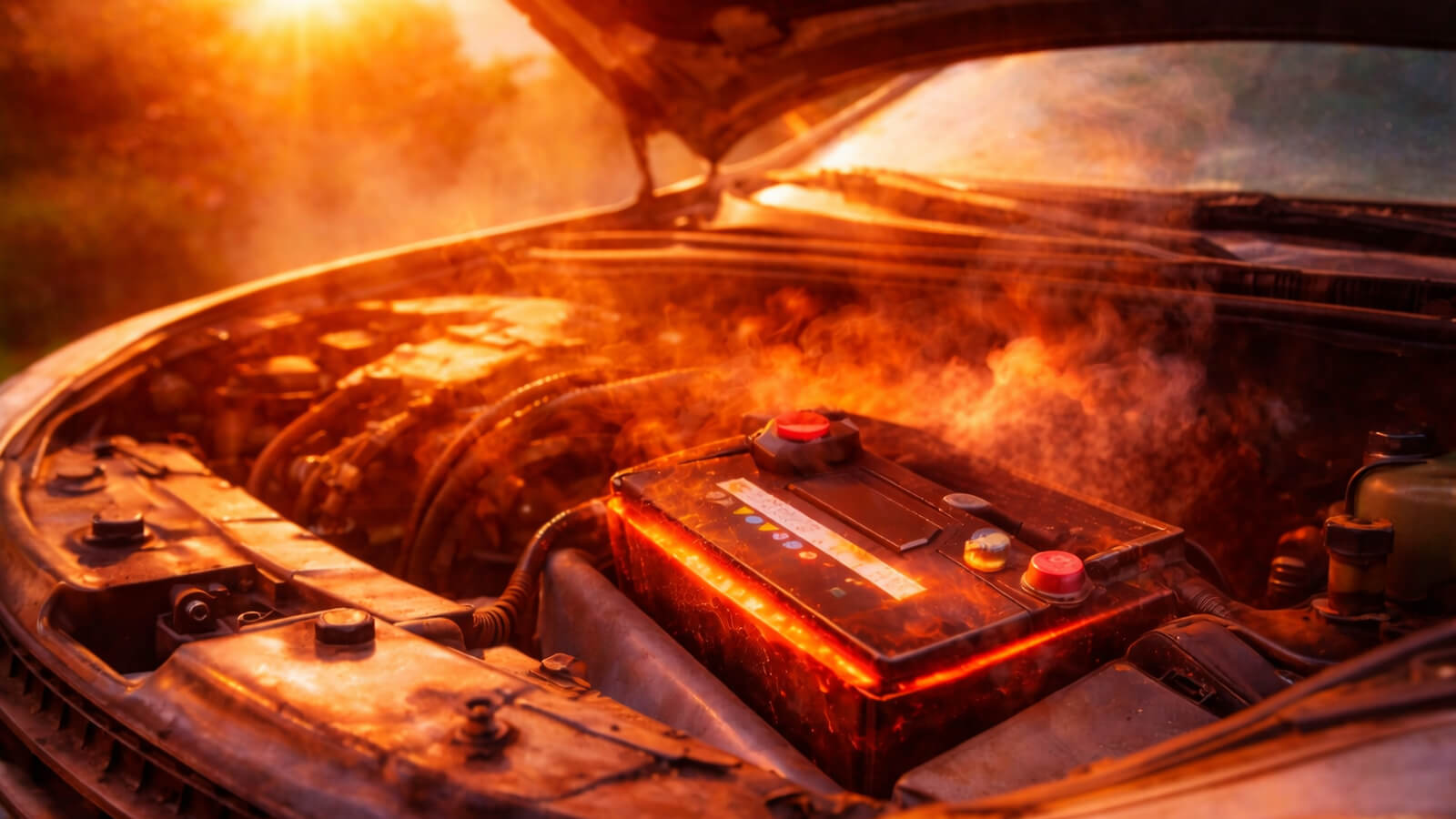 Detail autobatérie v motorovom priestore auta pri západe slnka, batéria je silno prehriata a dymí.