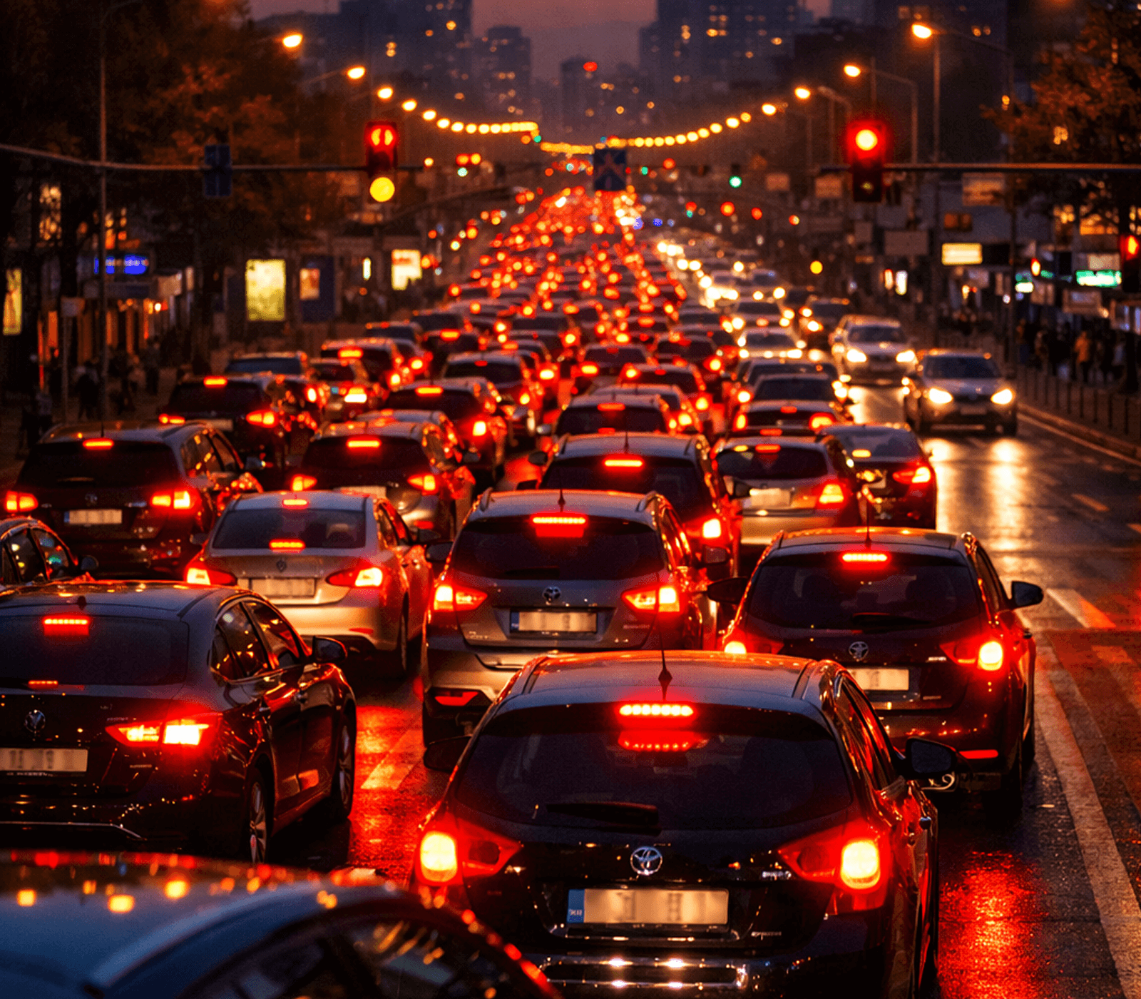 Hustá mestská dopravná kolóna v podvečer s množstvom červených brzdových svetiel symbolizujúca krátke jazdy a energetickú nevyváženosť akumulátora.