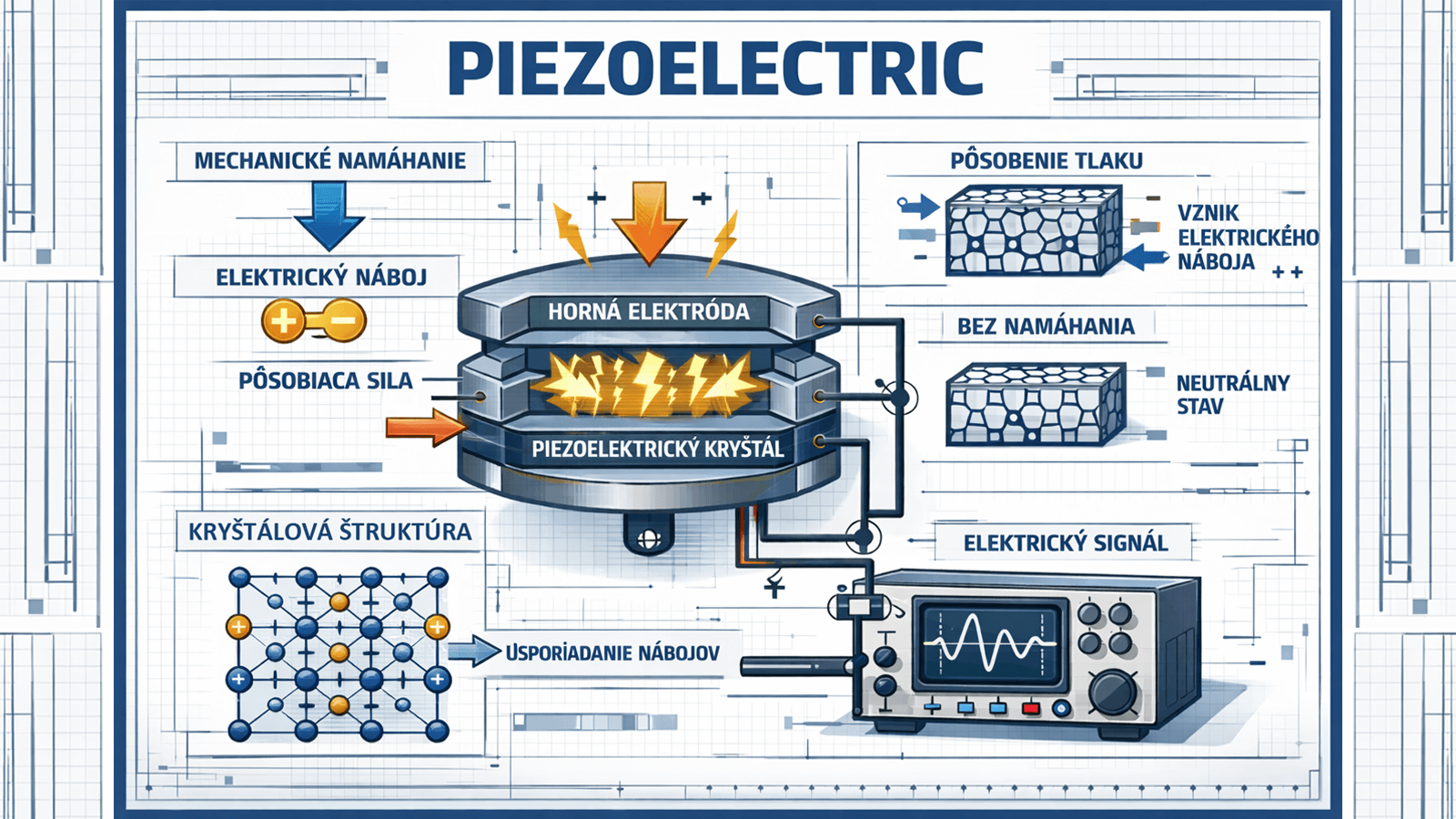 Schéma princípu piezoelektrického javu zobrazujúca vznik elektrického náboja v piezoelektrickom kryštáli pri mechanickom namáhaní.
