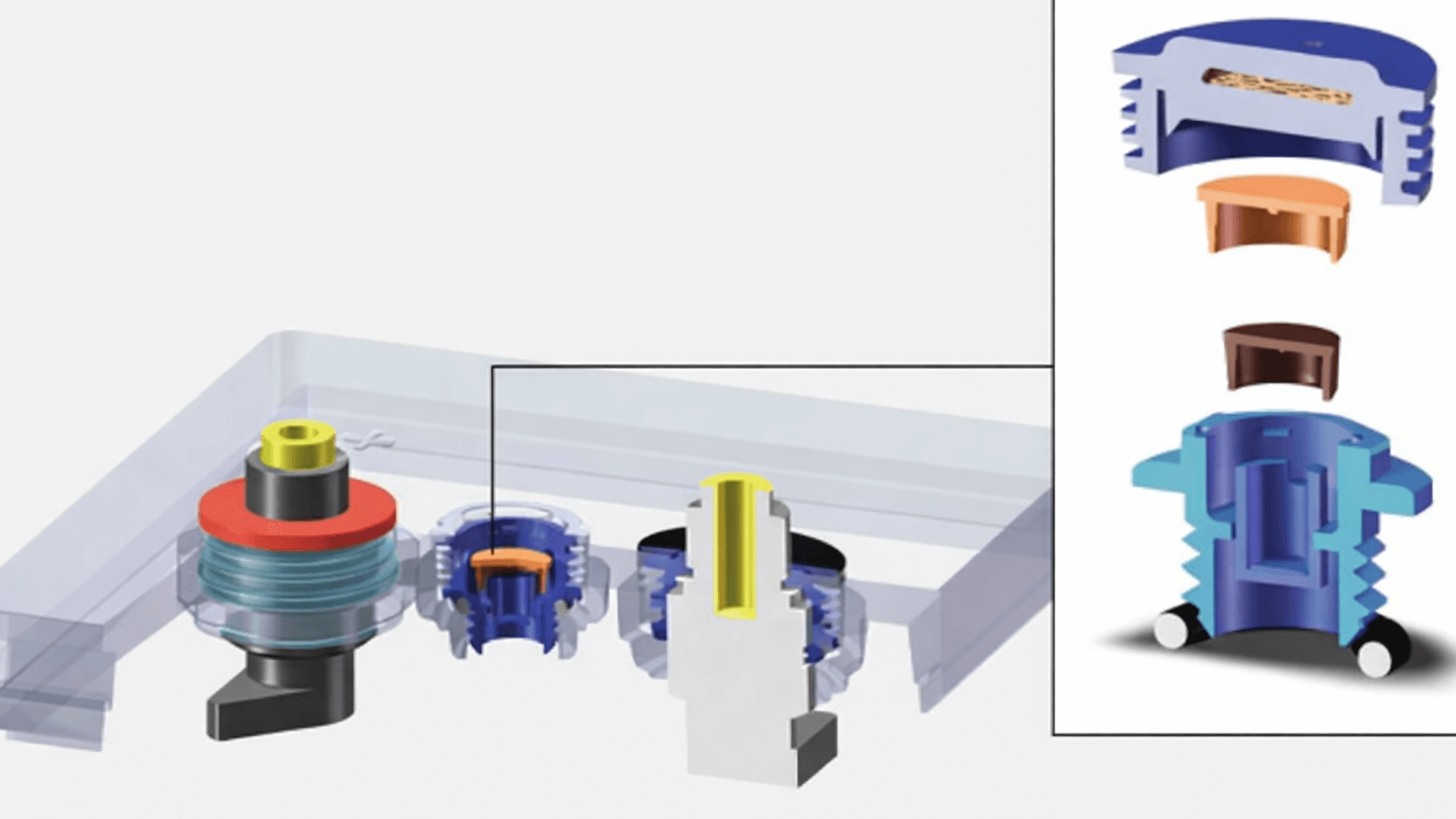 3D rez bezpečnostného ventilu VRLA akumulátorovej batérie s rozloženými komponentmi