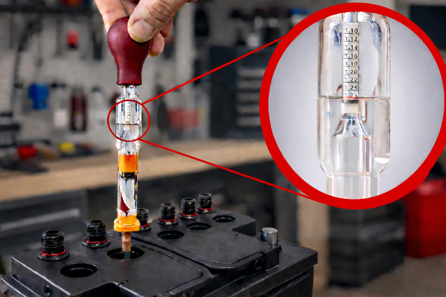 Meranie hustoty elektrolytu v 12 V autobatérii pomocou hustomeru